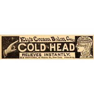  1890 Ad Elys Cream Balm Cures Head Cold Catarrh NY 