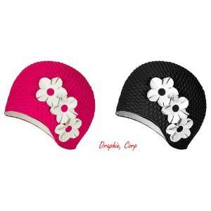  Twin Pack Floral Retro Swim Caps   Black and Hot Pink 