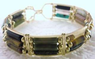 R152 Natural Multi Gemstone Bangle Bracelet 14k Gold gf  