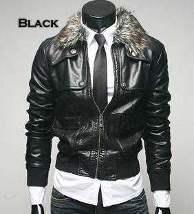 Men Slim Fit PU Leather Fur Collar Jacket Coat 2 Colors  