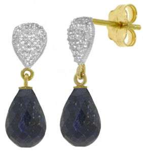 Natural Blue Sapphire Gemstone Real Diamonds Dangle Post Earrings 14K 