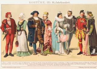 16TH CENTURY COSTUMES Late 19th C Antique German Print  