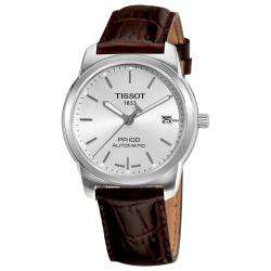 Tissot Mens PR 100 Silver Dial Brown Leather Strap Automatic Watch 