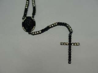 ROW BLACK/L YLLW ROSARY CROSS CHAIN NECKLACE ICED OUT  