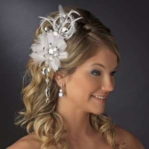 Vintage Bridal Feather Hair Fascinator w / Dangling Crystals Clip 