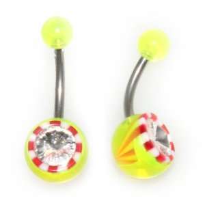  Acrylic Yellow Stripes Belly Ring with Clear Crystal Stone 