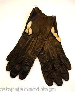Vintage Gloves Black Leather W/Bow 1930S  