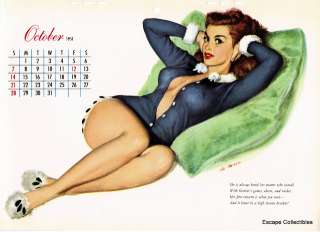 Vintage Esquire Pin Up Girl Calendar Page October 1951 Moore Unused 