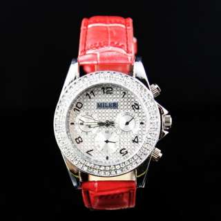 Fashion Leather Band Bling Crystal Ladies Wrist Watch  