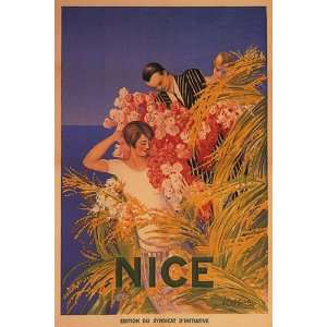  COUPLE FLOWERS BEACH NICE FRANCE FRENCH 24 X 36 VINTAGE 