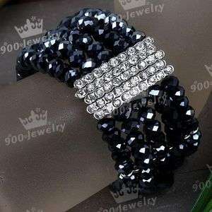 ROWS WIDE BLACK CRYSTAL GLASS FACETED BEAD BRACELET  
