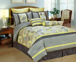 New Modern Peony Comforter set w/ Euro Shams Silver Gray Pale Yellow 