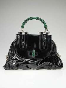 Gucci Black Dialux Green Pop Bamboo Handle Tote Bag  