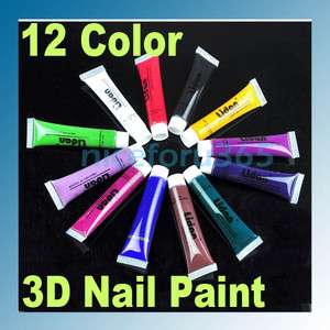 12 Color Set 3D Multi Surface Nail art Drawing paint Tube Gel Acrylic 