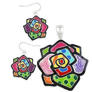  Multi Colored Epoxy Rose Pendant and Earrings Set Jewelry