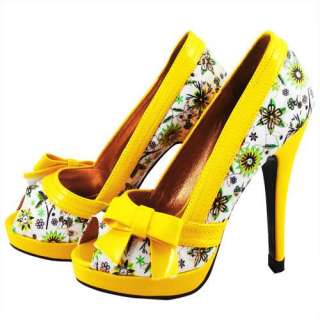 Ladies Yellow Floral w Bow Platform Shoes US Size 5.5  