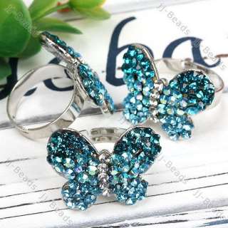Blue Crystal Glass Rhinestone Butterfly Adjustable Ring  