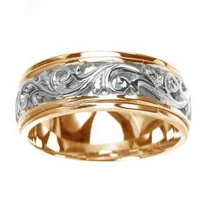  Mens 14k Two Toned Gold Engraved Handmade Wedding Band (8 