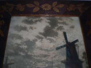 1908 Flemish Art Pyrography Frame Dutch Sea Port Print  