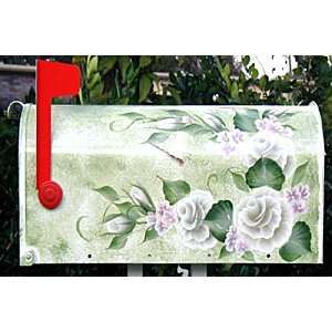  Handpainted Mailbox   White Rose/Mossy Green with Faux 
