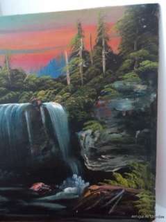 ANTIQUE Landscape Adirondack Waterfalls Teees Original Oil by E 
