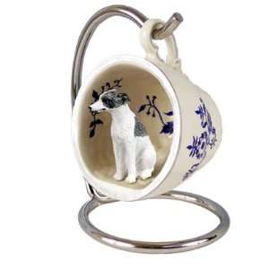  Whippet Blue Tea Cup Dog Ornament   Gray & White