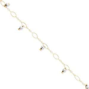  14K Two Toned Gold Beaded Anklet, 9 Inch: Jewelry