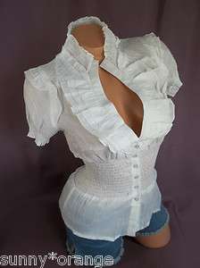 White ruffle deep neckline S M L blouse top lightweight cotton button 