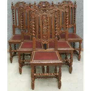  Antique French Set 6 Hunting Chairs Oak Barley Twist: Home 