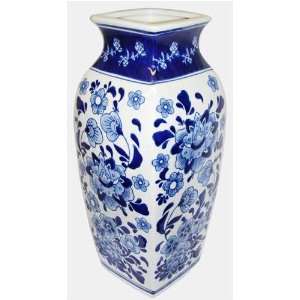  Blue and White Square Body Vase with Floral Design   Hand 