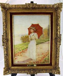   GIRARD FRENCH (1838 1921) FRAMED LADY WITH PARASOL OIL ON BOARD