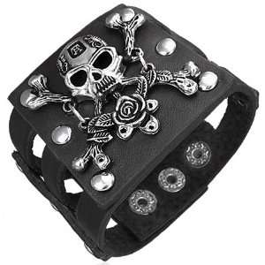  Black Leather Rose Pirate Skull Crossbones Snap Wristband 