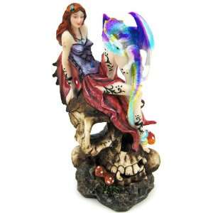  Stunning Fairy W/ Baby Dragon On Skull Statue Figure