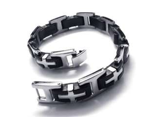 Men Silver Black Stainless Steel Rubber Bracelet Bangle  