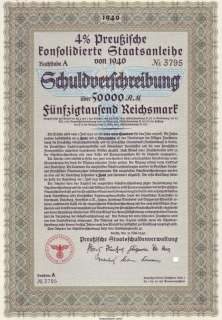 Nazi   BLUE EAGLE WAR BOND   Rare 50,000 Reichsmark  