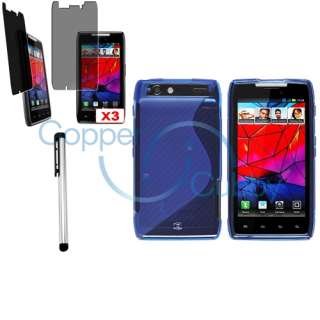 Blue TPU Rubber Skin Case+3x Privacy Filter+Stylus For Motorola Droid 