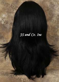 Heat Resistant Real Hair Blend Long Black Straight Flip flare wig 1B 