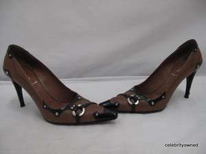Prada Brown/Black Leather Silver Stud Pump Heels 37  