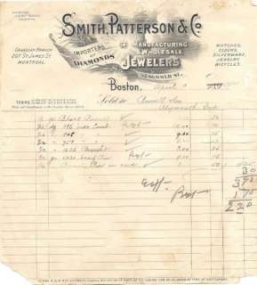 Smith, Patterson & Co Diamonds Jewelers Boston Billhead  