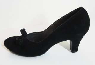 Vintage Vtg 40s 50s Jet Black Suede Bow PinUp Pumps Heels Shoes 7.5 