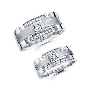 14K White Gold Round cut Diamond Men & Womens Couple Wedding Ring 