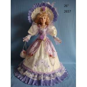  26 Inch Porcelain Doll Lilac and White Dress Hat and Purse 