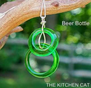 VINTAGE BEER BOTTLE NECKLACE Recycled Amber Glass Double Hoop Sterling 