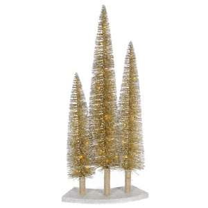    Lit LED Gold Glitter Artificial Mini Village Christmas Tree Trio Set