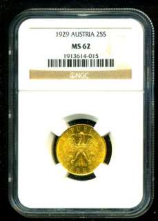 1929 AUSTRIA GOLD COIN 25 SCHILLING * NGC MS 62 * GEM  