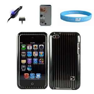  Hard Shell Cover Black Pinstripe Case for Apple iPod Touch 4G + Car 