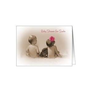 Baby Shower Invitation for Sadie, little boy and girl with pink flower 