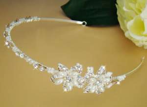 Silver Bridal Headband Pearl Crystal Flower Side Accent  