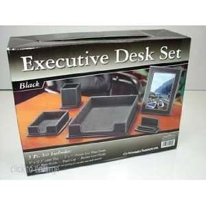    5 Piece Leather Executive Desk Set (Black)
