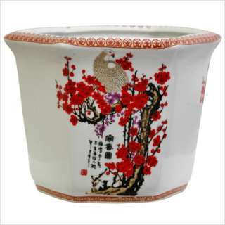 Oriental Furniture Flower Pot with Cherry Blossom Design in White 